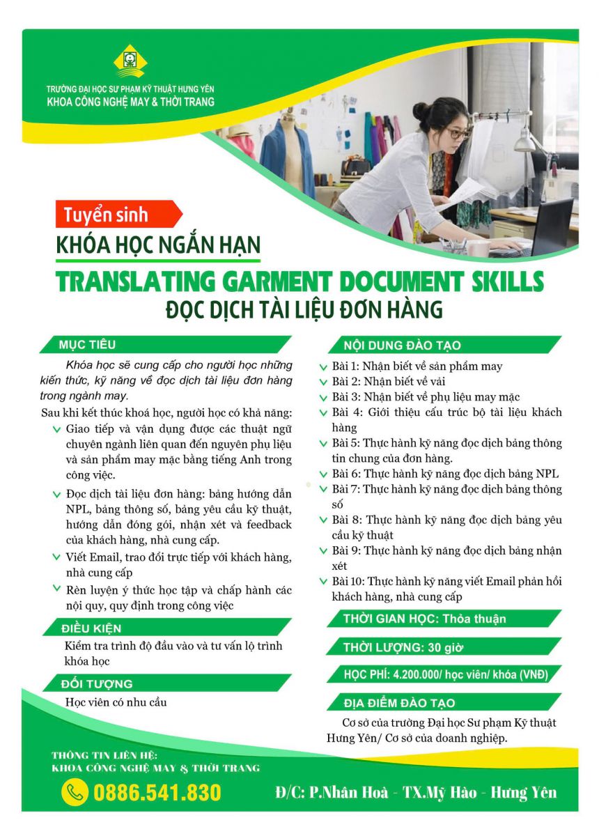 THÔNG BÁO TUYỂN SINH KHÓA HỌC NGẮN HẠN: "ĐỌC DỊCH TÀI LIỆU ĐƠN HÀNG"